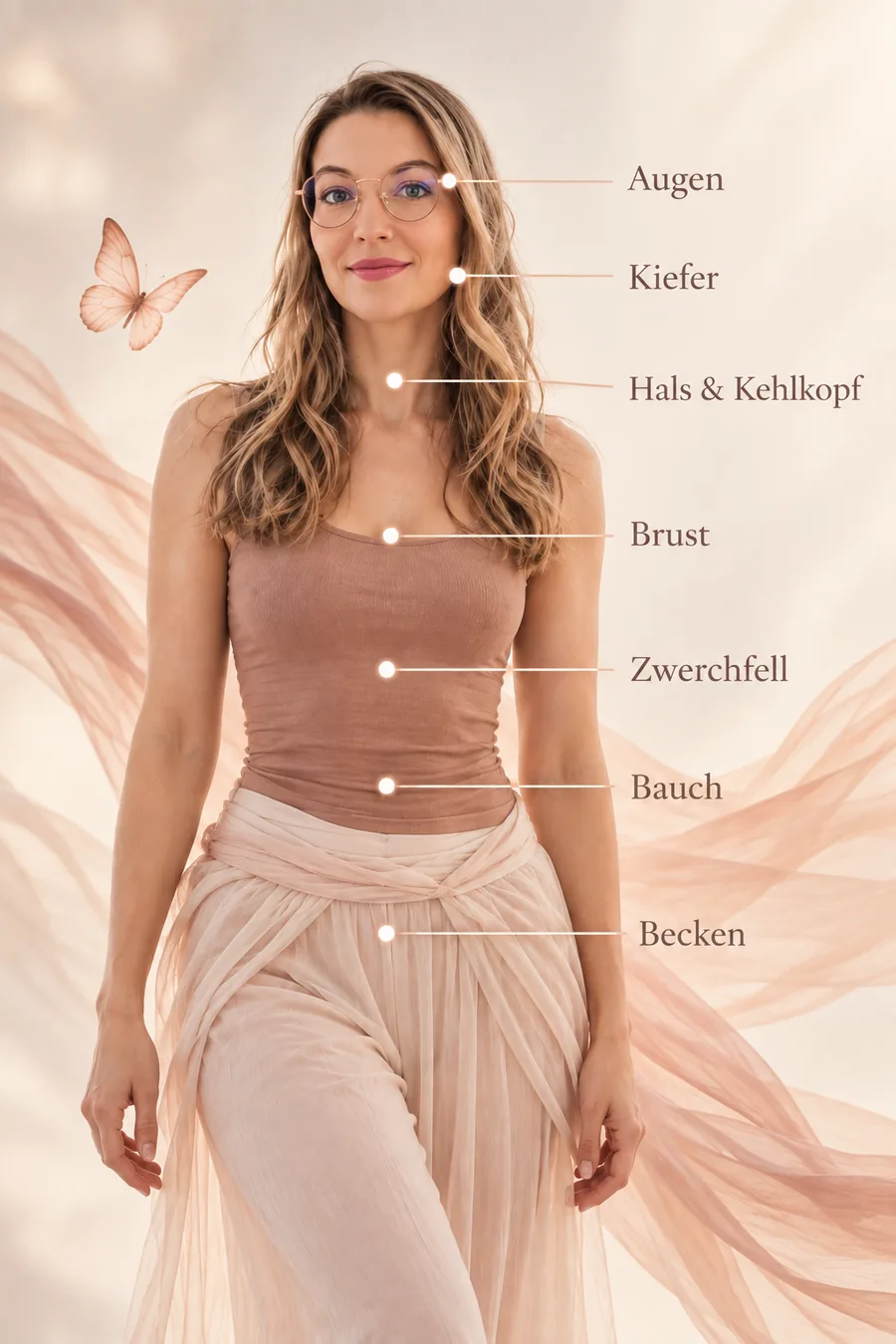 Mit KI erstelltes Bild: Natalia Rossel steht aufrecht, sieben Punkte markieren die Körperzonen Augen, Kiefer, Hals & Kehlkopf, Brust, Zwerchfell, Bauch, Becken.